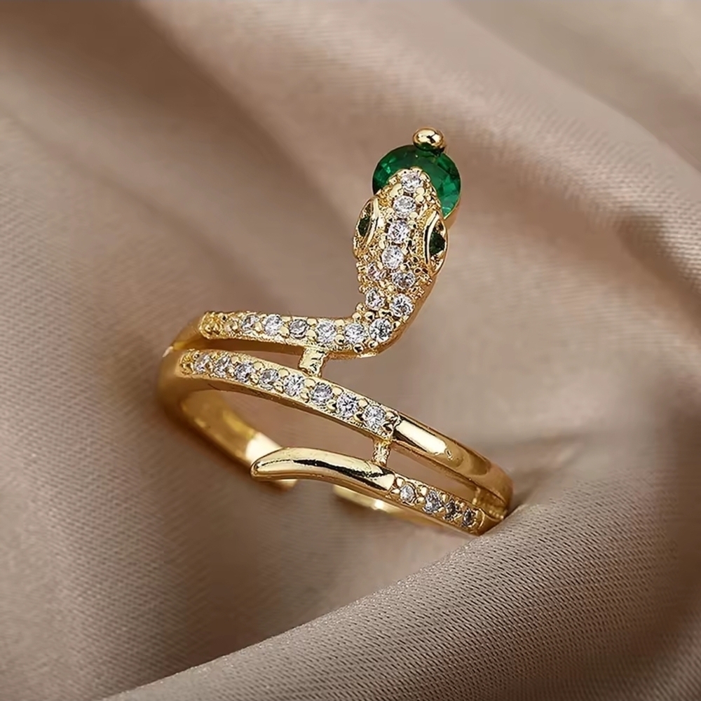Gold Tone Snake Ring with Emerald Green Gem - Picture 2 of 8